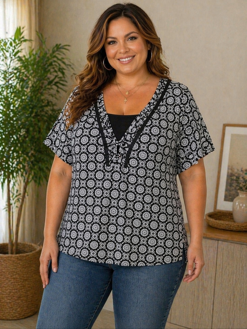 NWT! White Stag 3X Plus Black Soot Floral V Neck Short Sleeve Faux Layer Blouse